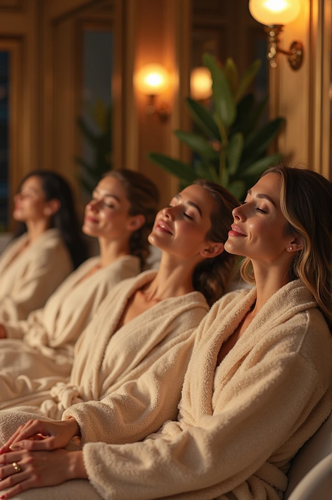 happy, tanned women relaxing at La Belle Bronze beauty clinic.” 