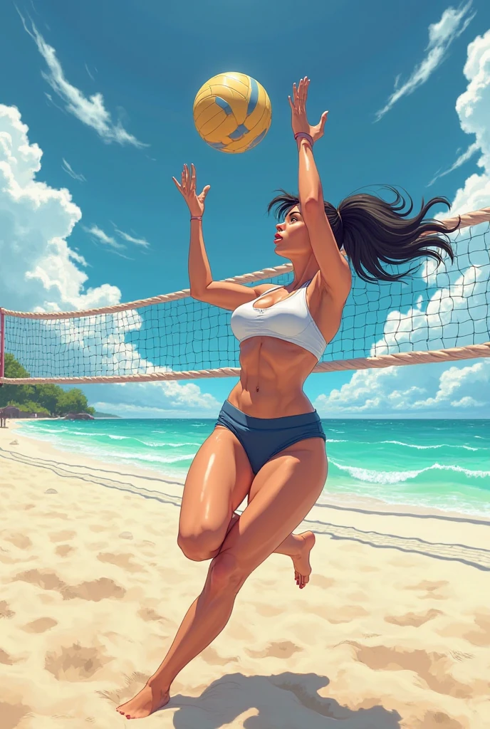Girl with a voluptuous body in a swimsuit, with tan on the beach with a volleyball anime style