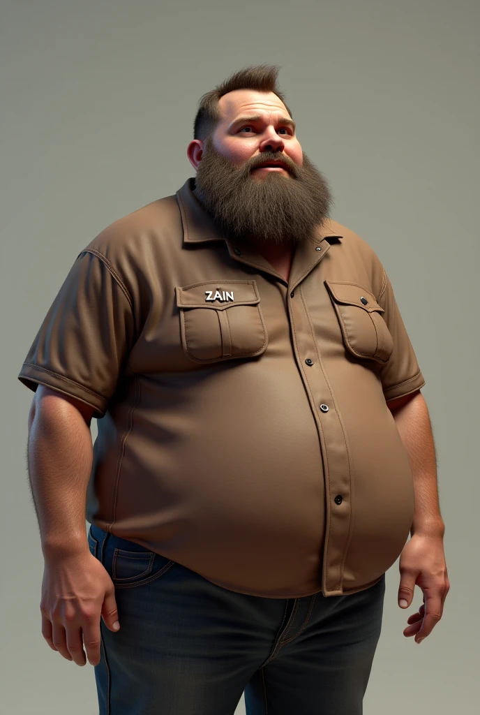 An American man aged 40 to 50 years has a strong, slightly plump stature, where his round belly is particularly noticeable. This belly is covered with dense, covered with dark hair, which gave him a distinctive, masculine appearance. His complexion is healthy, maybe a little browned, as if he spends a lot of time outdoors. His face shows first signs of age, with slight wrinkles around the eyes and mouth, that testify to life experience, but overall he still seems youthful and dynamic. His hair is usually full, possibly in a dark brown or with the first grey strands.
He often wears casual clothes like a T-shirt or a polo shirt, that emphasizes his figure, combined with jeans or cargo pants. His charisma is confident and relaxed, as if he is at peace with himself and his life. It could be, that he has a touch of humor and serenity in his gaze, what makes him likeable and approachable.