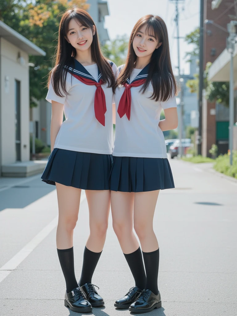 (((Dressing:1.8))), ((Dress up reliably:1.8)), (((pantie shot:1.8))), (((Show the camera everything about your panties:1.5))), ((Lifted skirt:1.8)), (((short sleeves school uniform:1.8, Dark blue mini skirt:1.5, white panties with a small area,:1.5))), espadrilles, Modern old cityscape:1.8, (Smiling smile:1.5), (((2girls:1.8))), 18year old, 7headed body, Ideal ratio body proportions, erectile nipple, short-hair, A dark-haired, With bangs, small tits, A slender, Small buttocks, beauty legs, Skinny Legs, surrealism, Cinematic lighting, depth of fields, One-person viewpoint, F/1.8, 135 mm, nffsw, masutepiece, ccurate, ((Anatomically correct:1.3)), Textured skin, Super Detail, high details, High quality, awardwinning, Best Quality, hight resolution, 8K