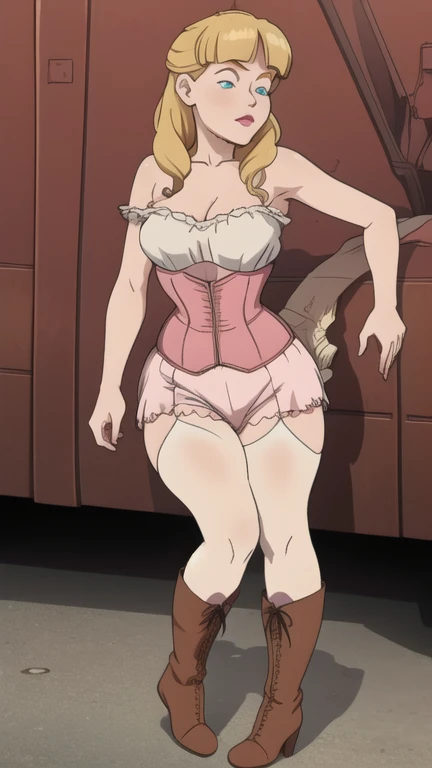 Roxanne Demin kin 1girl, solo, breasts, large breasts, Body position: Standing, straight, symmetrical, barefoot, Lustful smile on face with red blush, fluffy ears, dog ears, blonde hair