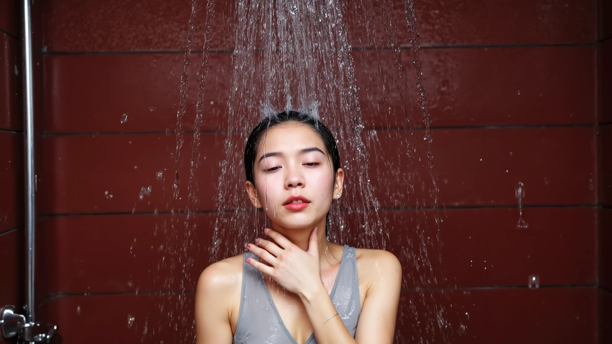 A headshot of a beautiful young Japanese woman wearing a dress standing in front of a dark red brick wall as water is throw into her face from off-screen, completely soaking her.
