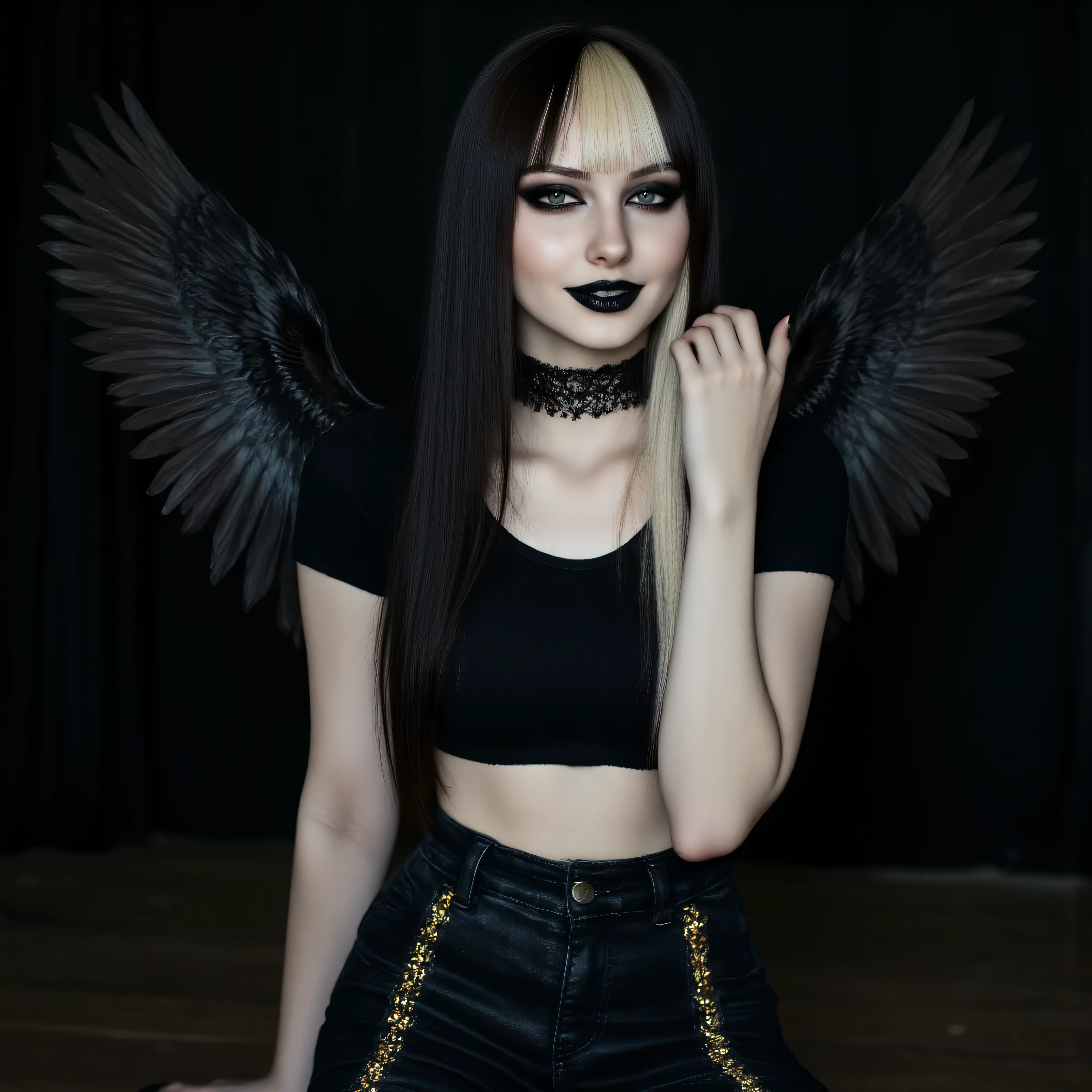 FictionalCrystal, # FictionalCrystal,(E(EyesHD:1.2), masterpiece, best quality, ultra-detailed, very aesthetic, sharp focus, depth of field, vibrant colors, ray tracing, best lighting, detailed illustration, detailed background, cinematic, beautiful face, beautiful eyes, 1girl, monochrome, feathers, feathered wings, black feathers, dark background, shiori novella, split-color hair, two-tone hair, virtual youtuber, choker, multicolored hair, black nails, black pants, low-rise pants, gold accents, chains, punk fashion, cowboy shot, seductive smile, seductive eyes,lamiapgr, long hair, braided hairyesHD:1.2), masterpiece, best quality, ultra-detailed, very aesthetic, sharp focus, depth of field, vibrant colors, ray tracing, best lighting, detailed illustration, detailed background, cinematic, beautiful face, beautiful eyes, 1girl, monochrome, feathers, feathered wings, black feathers, dark background, shiori novella, split-color hair, two-tone hair, virtual youtuber, choker, multicolored hair, black nails, black pants, low-rise pants, gold accents, chains, punk fashion, cowboy shot, seductive smile, seductive eyes,lamiapgr, long hair, braided hair