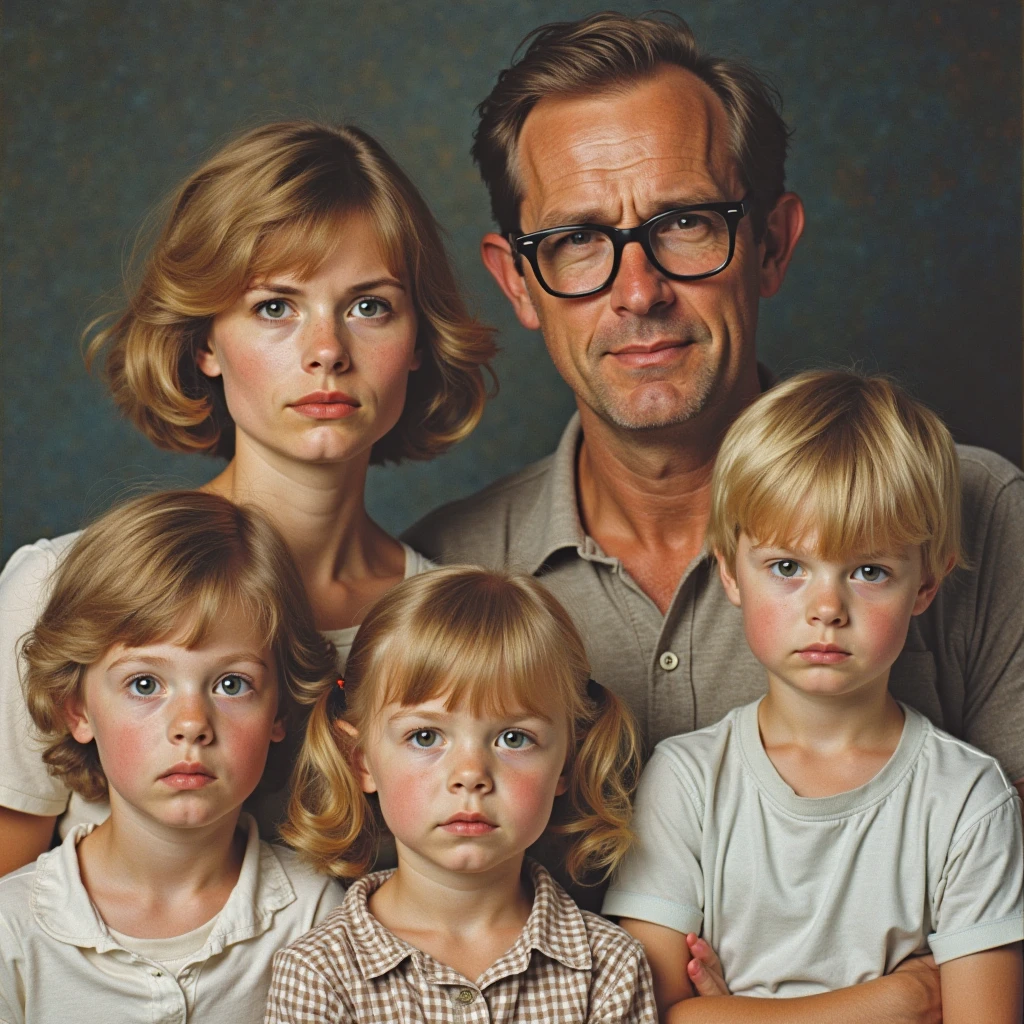 realistic Kodak photo from 1982 of family,all serious with discomfort,,the blond father with glasses and short hair prone to baldness ;the mother with a hooked nose and short wavy hair;the oldest son s, green eyes, straight blond hair and a forehead covered by a thick fringe;the middle son of s ,with short, curly blond hair, brown eyes; youngest daughter, girl,brown hair with pigtails, de fleco y brown eyes,of six years.