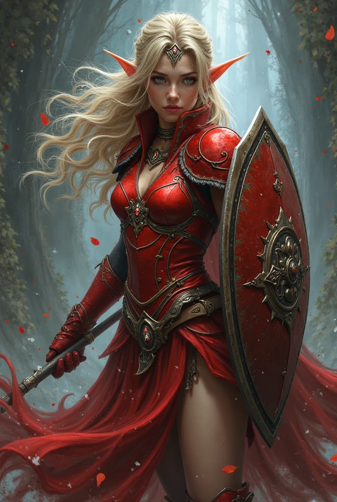 fantasy art, RPG art, Dark fantasy art, ultra wide shot, RAW, photorealistic, a picture of female human ranger, the ranger, an exquisite beautiful human woman, long blond hair, braided hair, green eyes, wearing leather armor, wearing (red cloak: 1.1), armed with a (sword: 1.3), wearing laced boots, standing in a dark forest at night, (mist rising from the grounds: 1.3), a sense of dread and fear, yet she stands defiant and fearless, dark fantasy forest background, best quality, 16k, [ultra detailed], masterpiece, best quality, (ultra detailed), full body, ultra wide shot, photorealism, Sword and shield