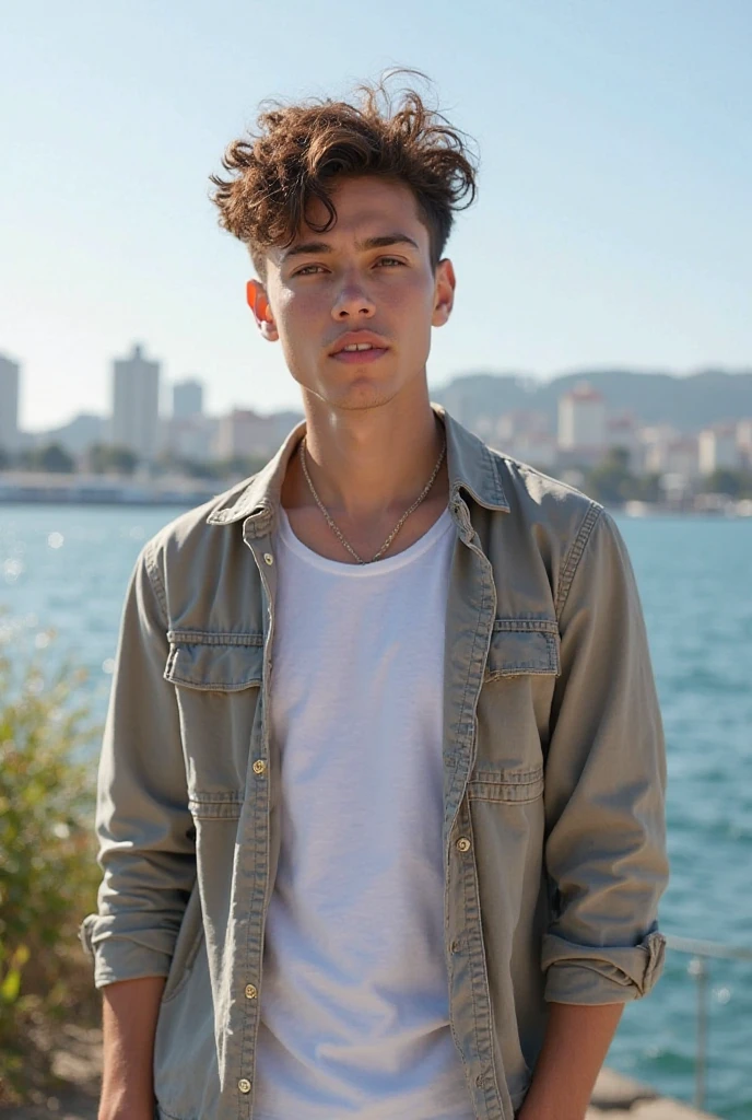 Un homme twink mignon de 19 ans d'1m74 assez fin. Il porte un t-shirt multicolore très ample en boule et se cache derrière un mur dans un bateau abandonné. Il a le regard apeuré. There is a light from the sunset reflecting on his skin.