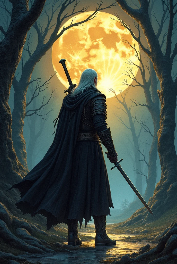Ancient wizard, character dressed in printed tunic, large moon with a skull image cloudy landscape in the background, illustrations with Halloween symbolism