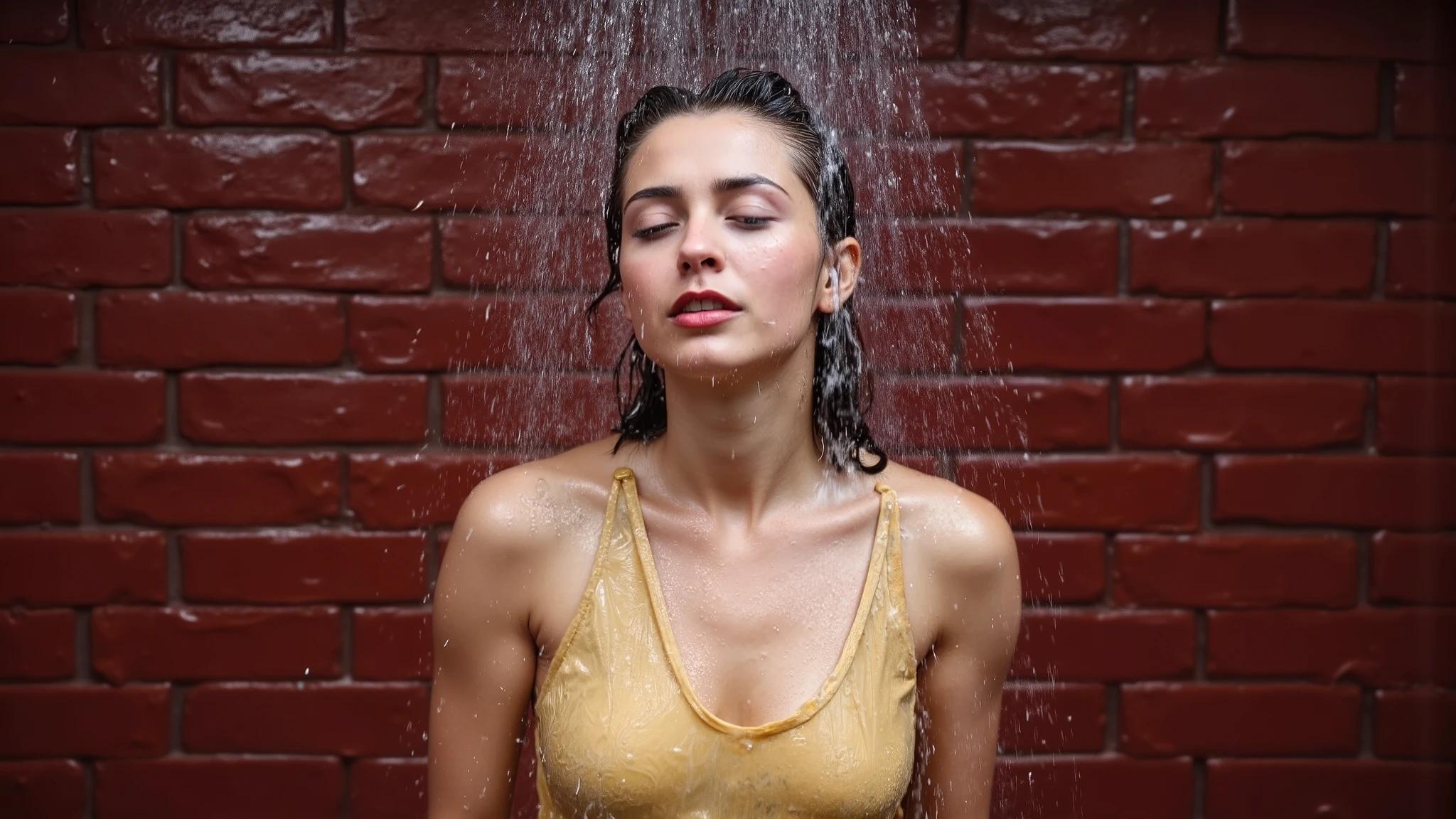 A headshot of a beautiful young Japanese woman wearing a gold dress standing in front of a dark red brick wall as water is thrown into her face from off-screen, completely soaking her.