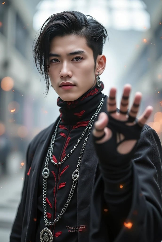 **"A highly detailed portrait of a handsome and stylish man with a strong gothic aura. He has sharp facial features, piercing eyes, and neatly styled dark hair. His attire is elegant yet dark, featuring a black high-collared coat with intricate red details, metal chain patterns, and gothic-inspired accessories. He stands confidently in a grand battle arena for heroes, resembling a 5v5 battleground similar to Mobile Legends, filled with magical energy, glowing runes, and an intense atmosphere of combat. His hand is outstretched, summoning a powerful magical effect, stand up conpidently inna top o a centipade Monster. such as dark flames, shadowy energy, or glowing mystical symbols, showcasing his supernatural abilities. The scene is hyperrealistic with cinematic lighting, dramatic shadows, and vibrant colors. The composition is carefully framed, ensuring clarity and depth, making the subject stand out powerfully."*, best quality, 8k, highres, masterpiece, ultra-detailed, realistic, photorealistic, bokeh, concept art
The background is a clean, high-tech graphic design with sharp geometric patterns, dynamic diagonal lines, and a monochromatic gray-white aesthetic. Overlays of digital elements and grids add a futuristic feel. Prominently displayed in bold typography is the name 'Mr.Tong,' replacing the original text, adding a customized touch. The design is layered with sleek, cutting-edge text and minimalistic futuristic graphics, giving it a polished and cyberpunk-inspired look."