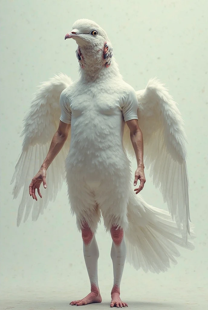 a creature with the head of an ice deer, human torso, half demon angel wings, chicken legs and a tail
