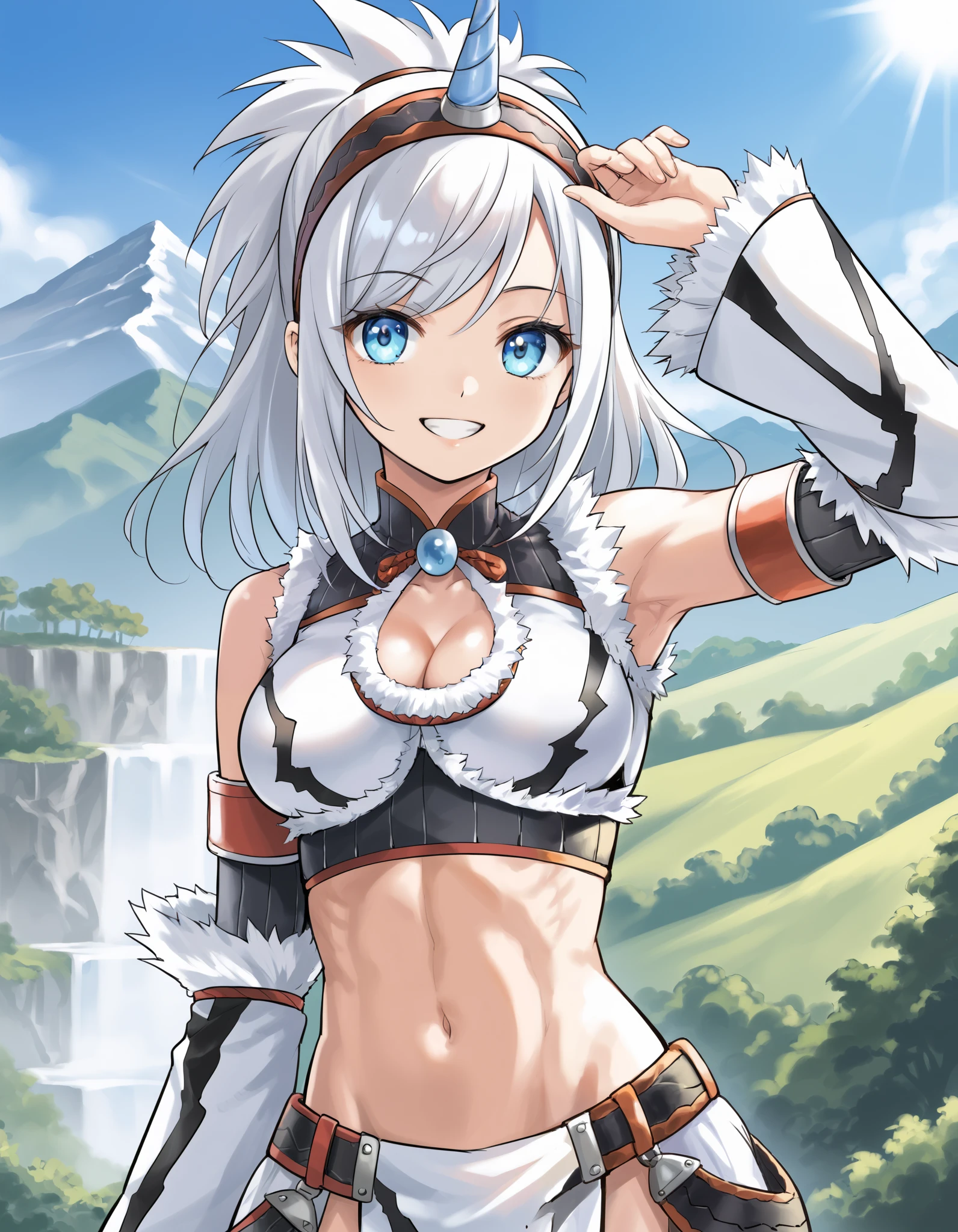 best quality, integrated scenery, integrated background, extremely delicate and beautiful, meticulous details, good composition, , cute face, perfect face,( score_9:0.9), score_8_up, score_7_up,rating_safe, anime style,(zPDXL), Armor , ung_girl, Alone, single_purple_horn Hairband, Blue Eyes, , belly button,large_breasts, white loincloth, white kimono sleeve , smile, mountain background, monochrome, white bandeau, armpit,raise_arm,(abs:0.8),smile,spiky_bangs,sunlight,