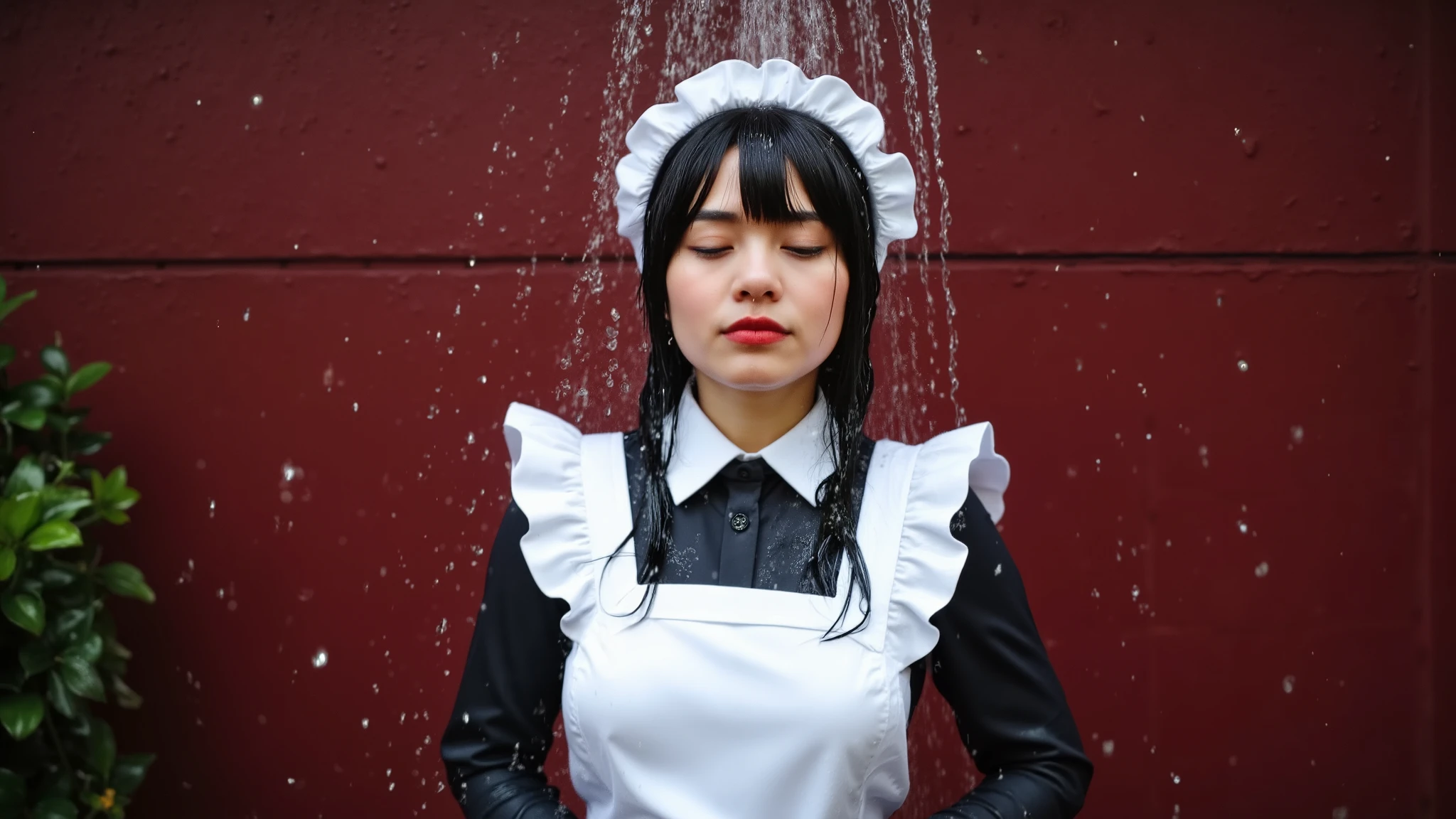 A headshot of a beautiful young Japanese woman wearing a maid outfit standing in front of a dark red brick wall as water is thrown squarely into her face from the side of the screen, completely soaking her.