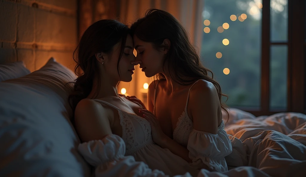 a girl and her mother in the bedroom, nightgowns, candlelight, a kiss