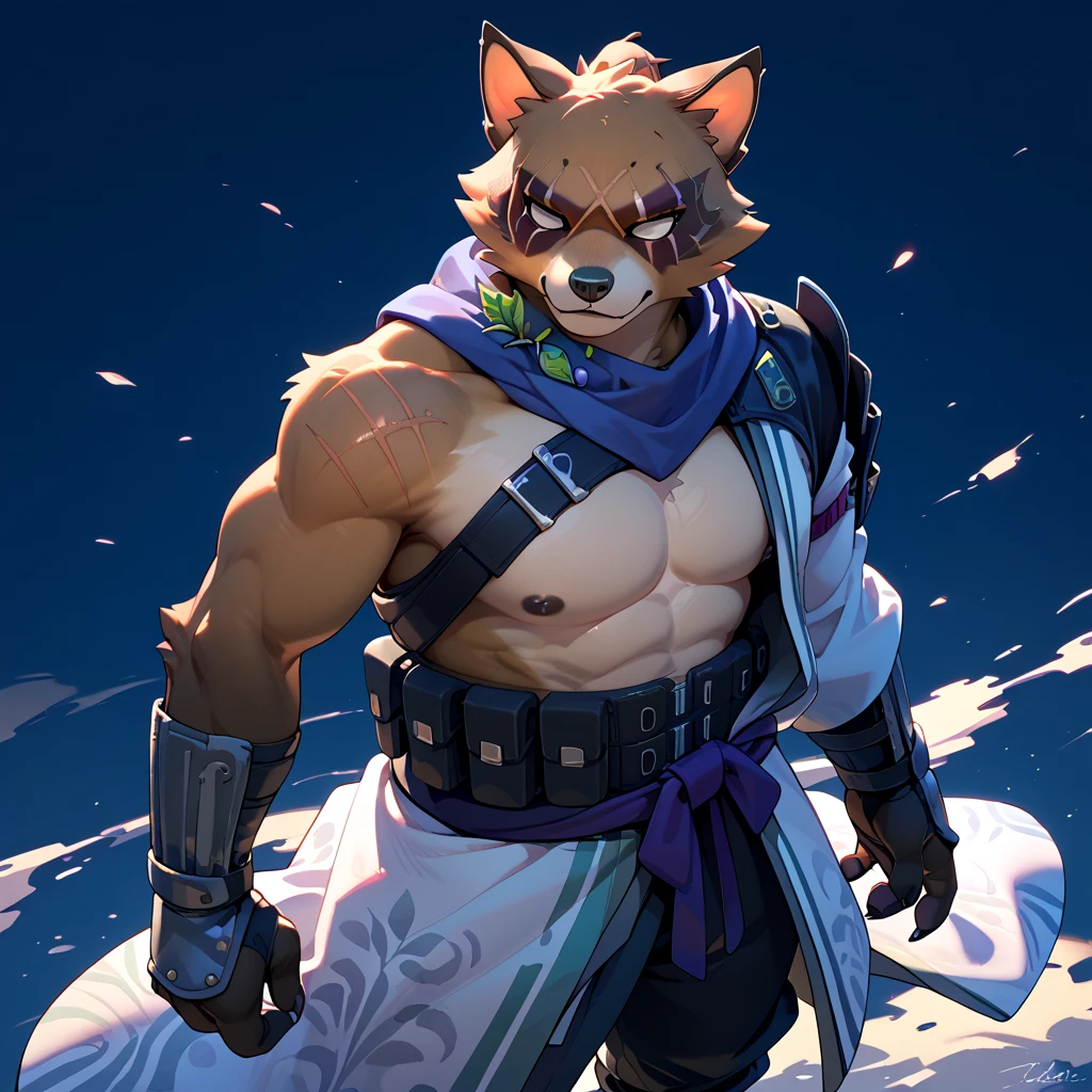 solo, anthro, furry, furry male, maned wolf,((short fur,furry, smooth fur, opaque fur)), (maned wolf black print, black forelegs and forearms), black pupils, white sclera, ginger body, black fur, purple eye, tail, detailed  fur, detailed face, detailed eyes, bare chest, (raggedy jeans vest, red bandana around the neck), balcony, (by null-ghost,by raccoon21, masterpiece, high quality, hi-res, 8k, hd, half-light), standing,close-view portrait, looking at viewer, night, sassy expression, seductive, flexing, hands behind head, swimmer build maned wolf man, long and thin arms and legs, black nipples, pierced nipples, mid 20s, arrogant, grinning, sharp teeth