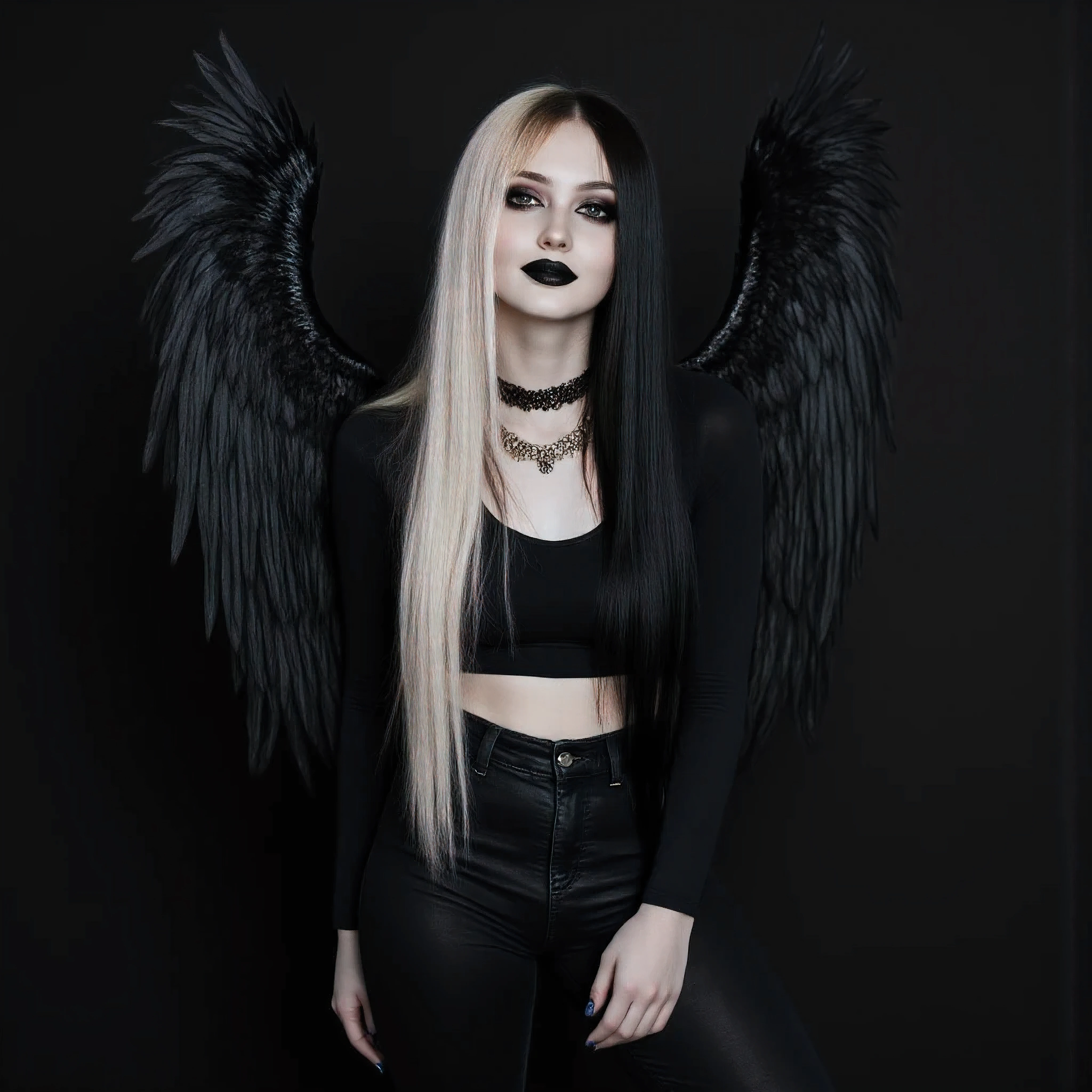 FictionalCrystal, # FictionalCrystal,(E(EyesHD:1.2), masterpiece, best quality, ultra-detailed, very aesthetic, sharp focus, depth of field, vibrant colors, ray tracing, best lighting, detailed illustration, detailed background, cinematic, beautiful face, beautiful eyes, 1girl, monochrome, feathers, feathered wings, black feathers, dark background, shiori novella, split-color hair, two-tone hair, virtual youtuber, choker, multicolored hair, black nails, black pants, low-rise pants, gold accents, chains, punk fashion, cowboy shot, seductive smile, seductive eyes,lamiapgr, long hair, braided hairyesHD:1.2), masterpiece, best quality, ultra-detailed, very aesthetic, sharp focus, depth of field, vibrant colors, ray tracing, best lighting, detailed illustration, detailed background, cinematic, beautiful face, beautiful eyes, 1girl, monochrome, feathers, feathered wings, black feathers, dark background, shiori novella, split-color hair, two-tone hair, virtual youtuber, choker, multicolored hair, black nails, black pants, low-rise pants, gold accents, chains, punk fashion, cowboy shot, seductive smile, seductive eyes,lamiapgr, long hair, braided hair