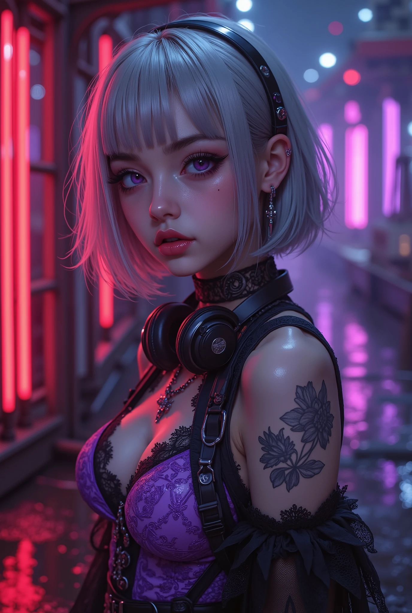 ( masterpiece:1.3), (8k、photorealistic, RAW photo, Best Quality:1.4), (Alone), ((very beautiful gothic ta girl)), (beautiful realistic face:1.2), ( Perfect Symmetrical Face), ((美しく bright銀色のボブカットの髪型)), bangs, hair is unkempt, (Deep purple eyes, Strong eye emphasis, realistic目, beautiful eyelashes ), ( nice smile :1.2), perfect body, (perfect anatomy), (Best Quality:1.4), (very detailed), (very detailed CG 統合 8k 壁紙), very detailed, (high resolution RAW color photo), Professional Photos, realistic portrait, (detailed RAW photos of girls), Canon EOS R5 250mm, sharp concentration, Cinema Lighting, detailed skin, Glowing Skin, ( High Detail Skin : 1.2), Dynamic Angle, (Purple Sleeveless Dress, Finely Embroidered Dress , Black Lace Ornaments , Exposed Shoulders, Exquisitely Crafted Metal Accessories , Decorative choker, black long boots ), (black silk lace bra and panties with flashing red and purple lights), ((Silver cat ears)), ( refined , Futuristic Headphones ), ( inspired by Shirou Masamune ), beautiful natural arms, exact finger, Slim legs, Black Metal Ornaments , (Twilight、decadent and beautiful floating city background:1.3), (sea, port facility , luxury passenger ship), Cyberpunk, red and purple neon tubes flashing, Volumetric Lighting, Soft light, bright, bright色, realistic, Best Quality, photo-realistic, (back shot:1.2)
