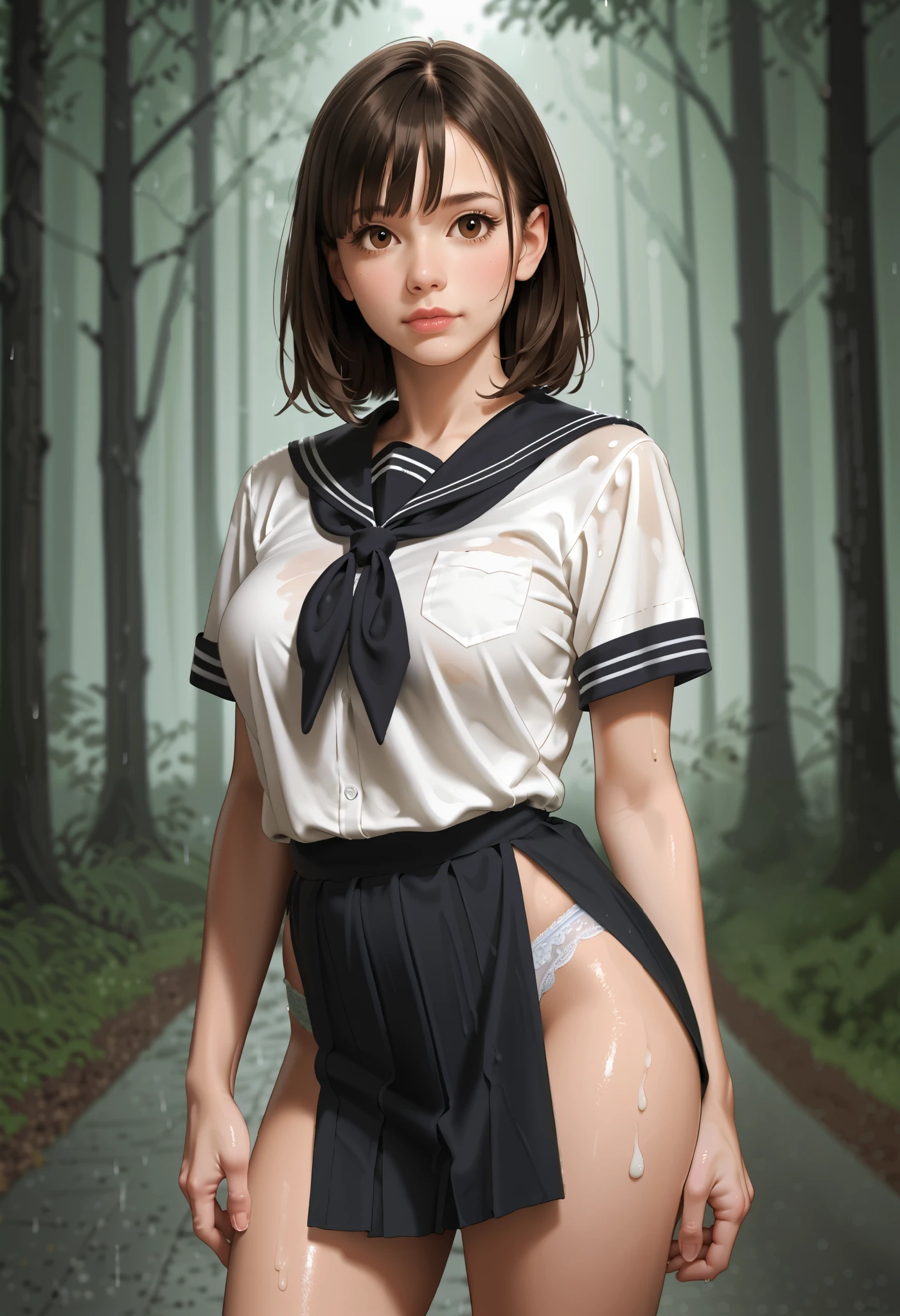 Masterpiece, (Urassaya Sperbund),  Flat chest,  wearing white t-shirt, ultra detailed, ultra realistic, Bottom nude, full body shot, slim body, narrow hips, , very detailed face, nude, sitting open legs very wide spread, showing her pussy, big pussy, pussy shot,   Turn her pussy towards the viewer,  in misty forest on background, at night, (cinematic lighting, bokeh), dramatic, award-winning photography, incredible masterpiece, 16K, ultra high res.photorealistic, UHD, RAW, DSLR, naked, tied up , BDSM, bondage, Collared, chained,dirty,