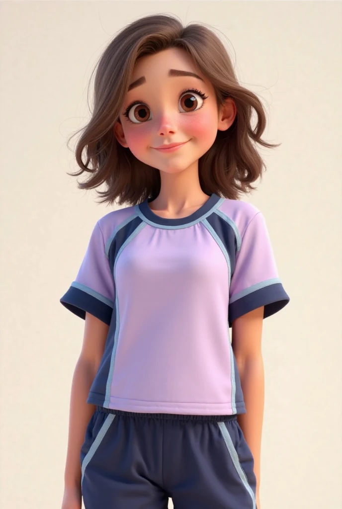 a 10-year-old girl with white swimming goggles and long dark brown hair, has brown eyes, wears a dark blue one-piece school swimsuit swimming lessons