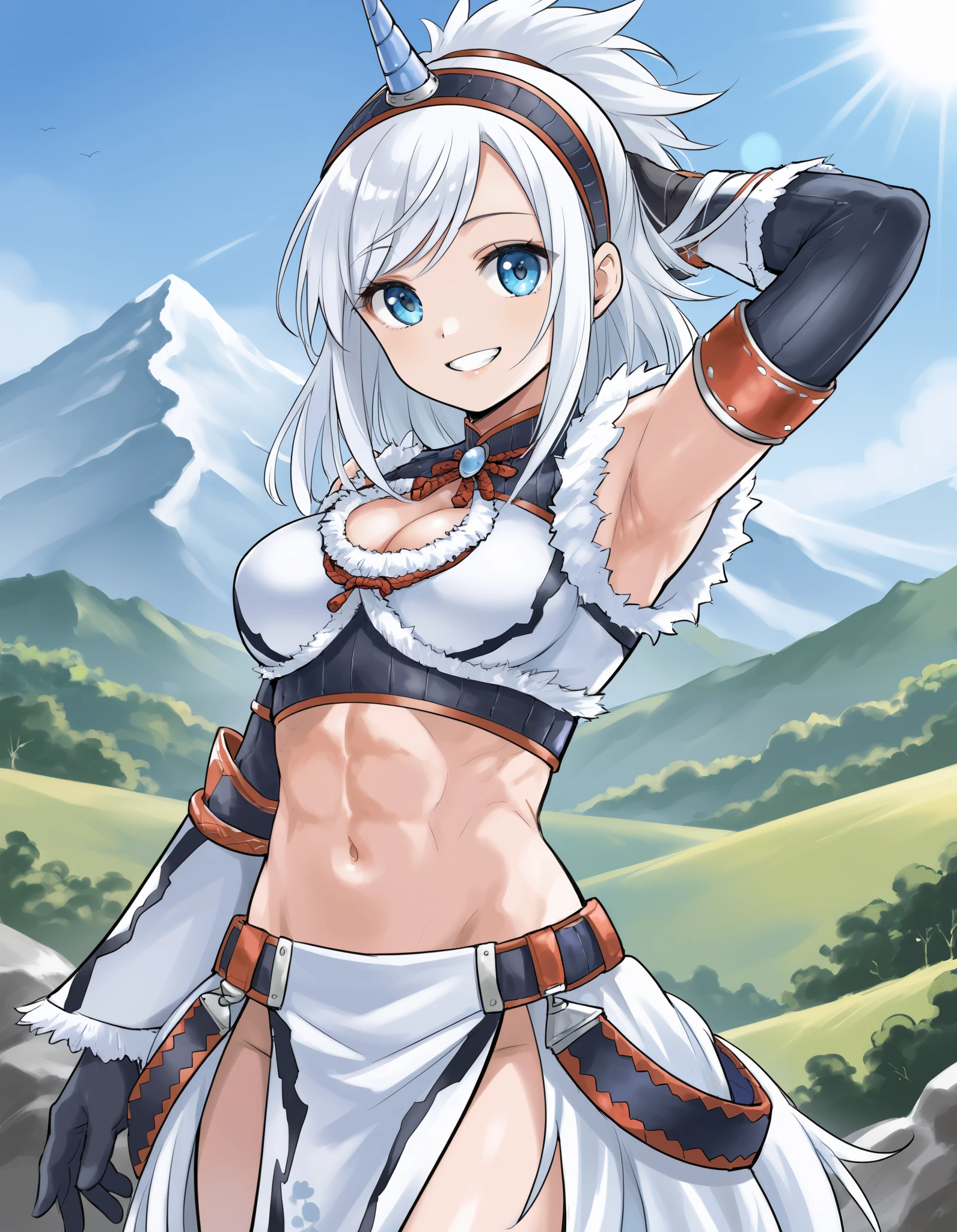 best quality, integrated scenery, integrated background, extremely delicate and beautiful, meticulous details, good composition, , cute face, perfect face,( score_9:0.9), score_8_up, score_7_up,rating_safe, anime style,(zPDXL), Armor , ung_girl, Alone, single_purple_horn Hairband, Blue Eyes, , belly button,large_breasts, white loincloth, white kimono sleeve , smile, mountain background, monochrome, white bandeau, armpit,raise_arm,(abs:0.8),smile,spiky_bangs,sunlight,