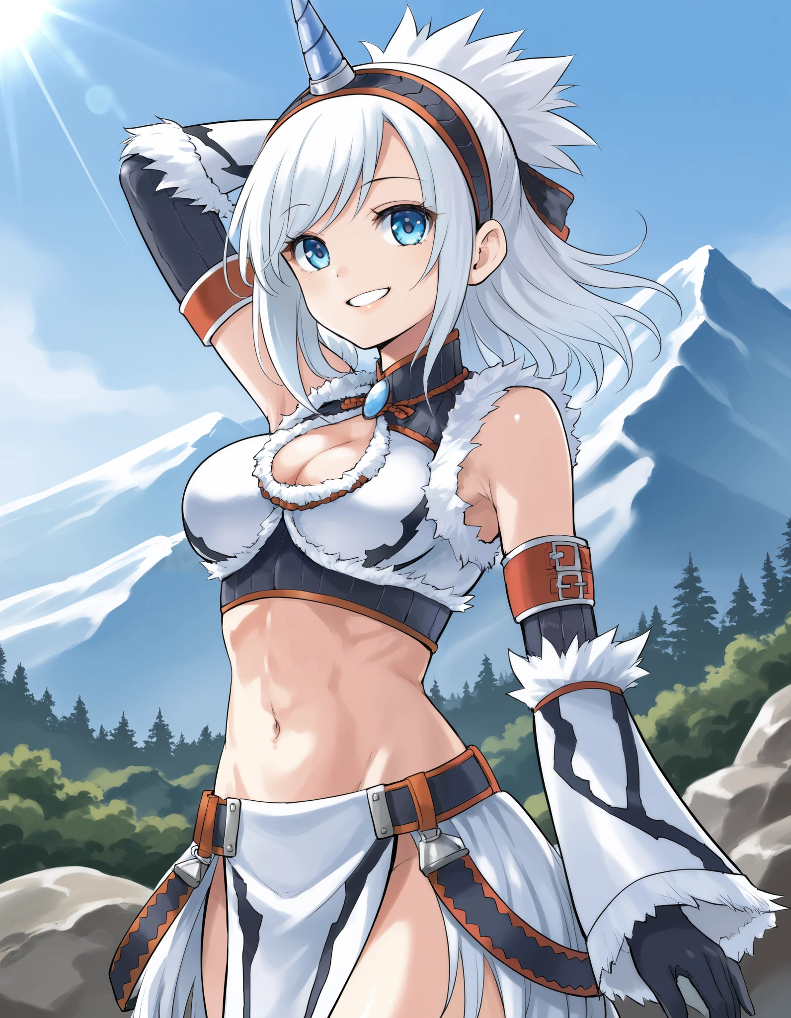best quality, integrated scenery, integrated background, extremely delicate and beautiful, meticulous details, good composition, , cute face, perfect face,( score_9:0.9), score_8_up, score_7_up,rating_safe, anime style,(zPDXL), Armor , ung_girl, Alone, single_purple_horn Hairband, Blue Eyes, , belly button,large_breasts, white loincloth, white kimono sleeve , smile, mountain background, monochrome, white bandeau, armpit,raise_arm,(abs:0.8),smile,spiky_bangs,sunlight,