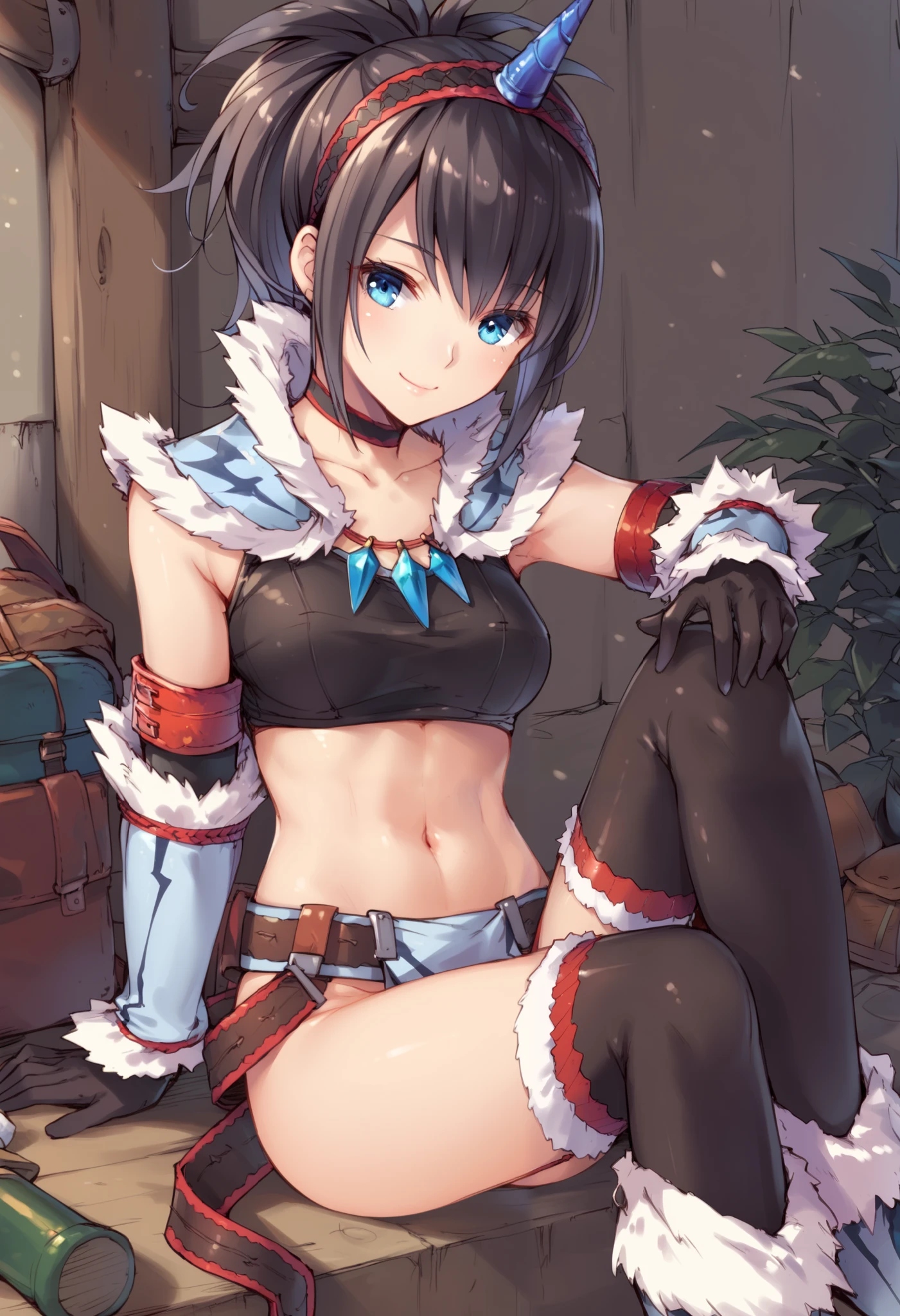 (score_9:0.9),score_8_up,score_7_up,rating_explicit,anime_style,(zPDXL),kirin beta armor,white single horn hairband,white detached sleeves,ung_girl,solo,blue eyes,looking at viewer,sitting,smile,plain_background,medium breasts,,closed mouth,collarbone,black bandeau,white loincloth,BLAKE,medium_breasts,white_knee_boots, camp, campdire,black_knee_highs ,white_tubetop,open_legs,(abs:0.7),(white_spiky_hair:1.4),white_chest_armor,white_fur_waste_armor,