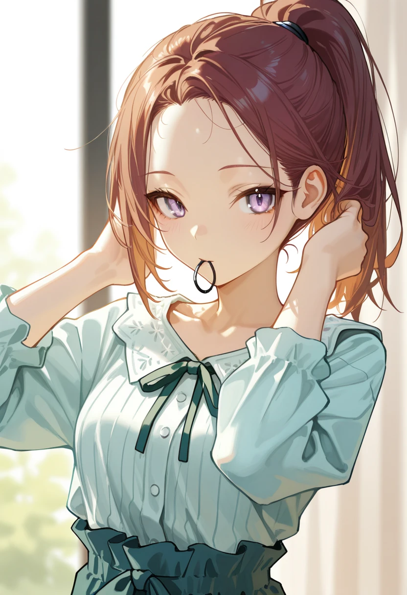 high definition symmetrical image, (goddess of breasts, a woman born from flowers, (round face), eyes realistic sizing, drooping eyes, smiling, small breasts, (unzipped hoody), nipples, (closeup breasts, showing off her tongue), red hair, (ringlets twin tails, touching her nipples with her hand)), ((art nouveau)), ecstasy face, open mouth, (alphonse−mucha), earrings, ((on the street, trees, medieval European buildings)),
