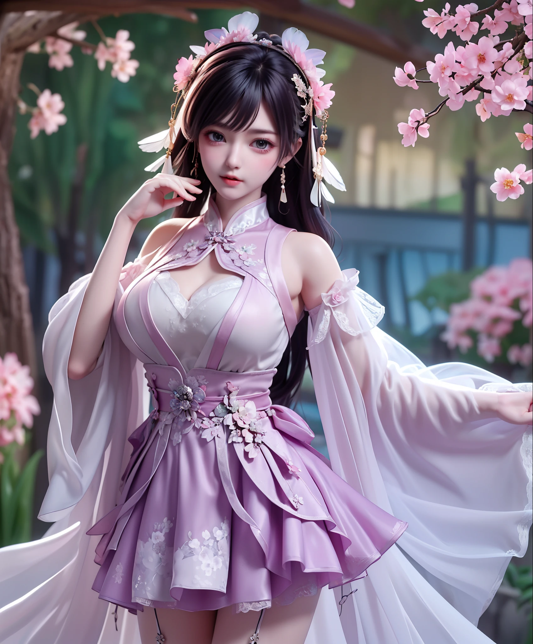 (8k, RAW photo:1.2), best quality, ultra high res,dramatic angle,(fluttered detailed color splashs), (illustration),(((1 girl))),(long hair),(rain:0.9), (Headdress:1.4),There is an ancient palace beside the girl,Hanfu,(Key Points),Color ink painting,(Splash of Color),Splash of Color,(((colorful))),(sketch:0.8) , Masterpiece, best quality, beautiful painted, highly detailed,(denoising:0.6),[splash ink],((ink refraction)), (beautiful detailed sky),moon,highly,detaild,(masterpiece, best quality, extremely detailed） CG Unity 8k Wallpaper，masterpiece，best quality，Ultra Detailed），（Lycoris）. hanfu open V-chested clothes Thin silk lace dress , (huge ，cleavage),, white pink and gren，best qualtiy,open v chested wedding dress petticoat , fishnet stockingstmasterpiece，Ultra-high resolution，（Reality：1.4），RAW photogr，（True skin texture：1.3），（filmgrain：1.3），（Selfie angle），1个Giant Breast Girl( huge, cleagve)，Beautiful eye and face details，tmasterpiece，Best quality at best，，The chest more exposed， detailed hair, bra purple and green , detail 8k, upper body, ignette transparent fabric flower, purple and blue pink white, fishnet stockings