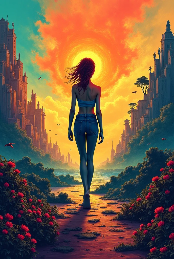 Silhouette of 1 beautiful biracial latina woman light blue hair with big large breasts, on top of a mountain, look the sunset, behind pov