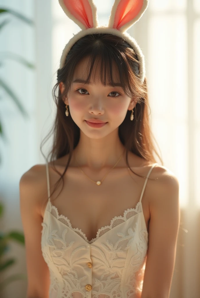 Japanese , insanely cute ,The face of a young girl, Lighting on face, big breasts, Hairstyle wearing a bunny ear headband,is facing the front, Standing in a bright room, daytime shooting , Illuminated from the front, Front lighting, smile, White silk dress, LACE LONG SKIRT IN DIFFERENT COLOR STYLE,showing off 42 inch long legs , full body, (real pictures, Best Quality , 【【【【16k, [ Hi-Res , masterpiece, masterpiece:1.2), EXTREME DETAILS,(reality,photoreality,photo-reality:1.37), [portrait, eyes full of beautiful details , beautiful detailed lips , beautiful eyes and face ,long eyelashes, , Filmography , warm and cool, low light, attractive poses and gestures, very sweaty , smooth, moist, reflective skin , pale skin , orgasm face , tears in the corner of my eye , blushed , Red ear .,Innocent, Realistic expression , チャーミングなsmile , 魅惑的な顔 , multiple orgasms , Enjoying Orgasms , tire expression ,Lightly close your eyes , open your mouth , drunk , ATTENTION AUDIENCE , The whole thing is wet