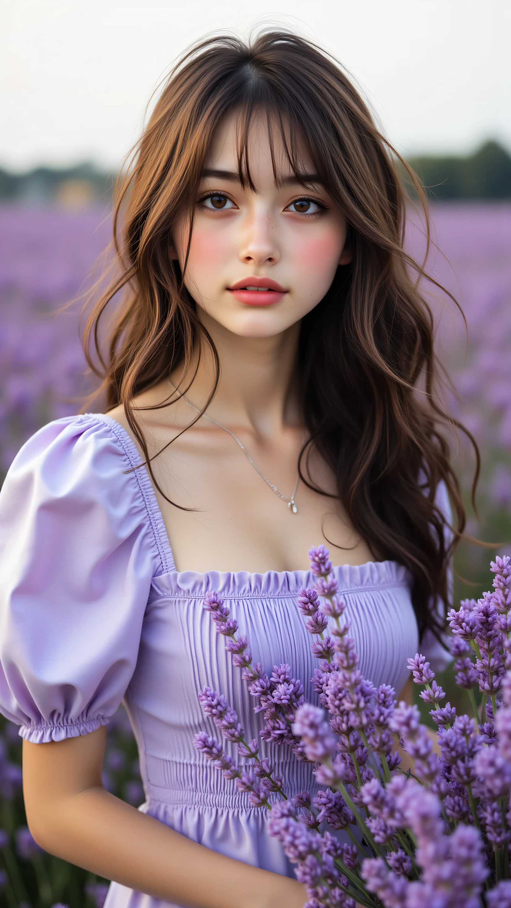 8k, Masterpiece, Top Quality, Close-up, woman, long brown hair, loose waves, short purple dress, square neck, puffed sleeves, light material, lavender bouquet, lavender field, subtle makeup, serene expression, soft lighting, peaceful, romantic.