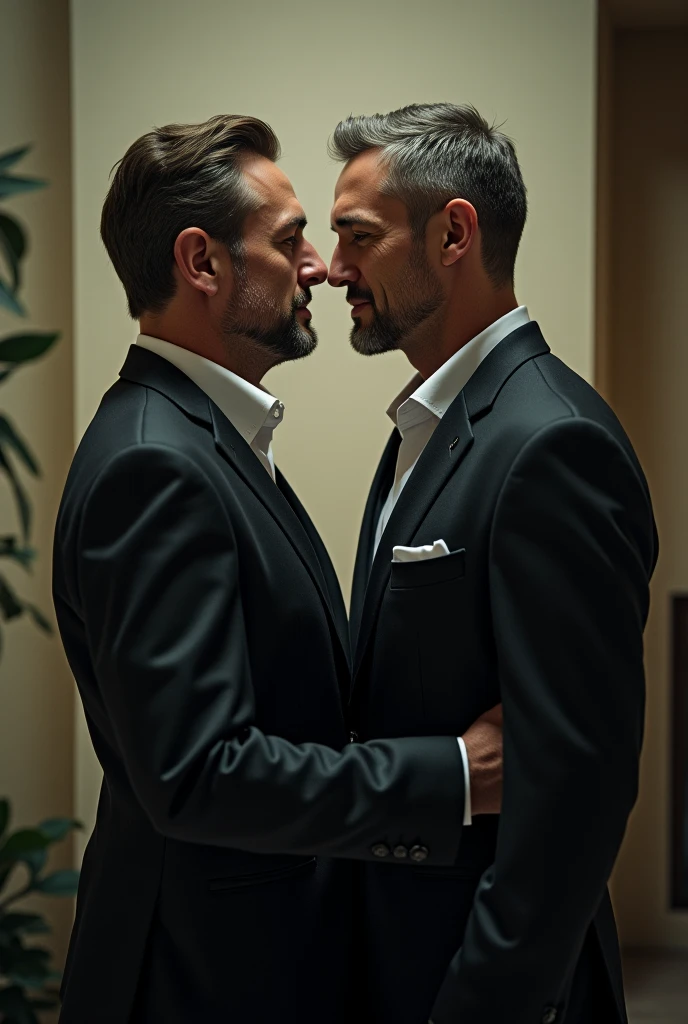 Suit, men, hug, black hair, tie, wristwatch, two people, bag hug, company, kiss