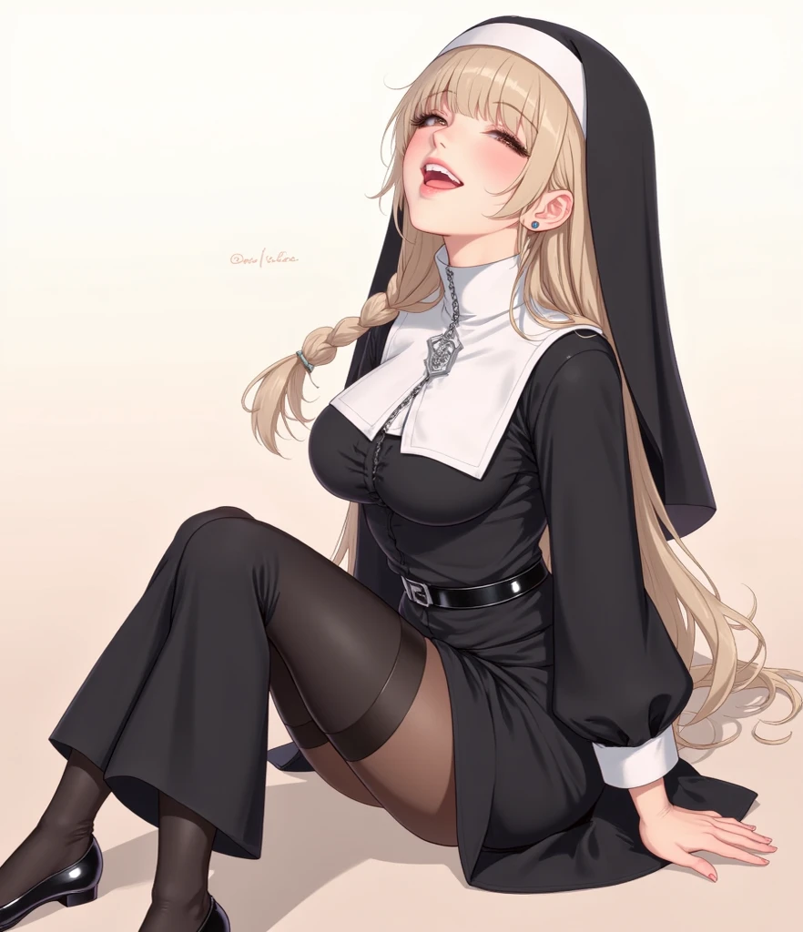 masterpiece,best quality,4K,8K,teenage,oil painting \(medium\),fkey70,
1girl,solo,hand on hip,looking_up,looking to the side,
sitting,
blonde hair,
green eyes,
nun,
white socks,black mary janes,
simple background,
full body,