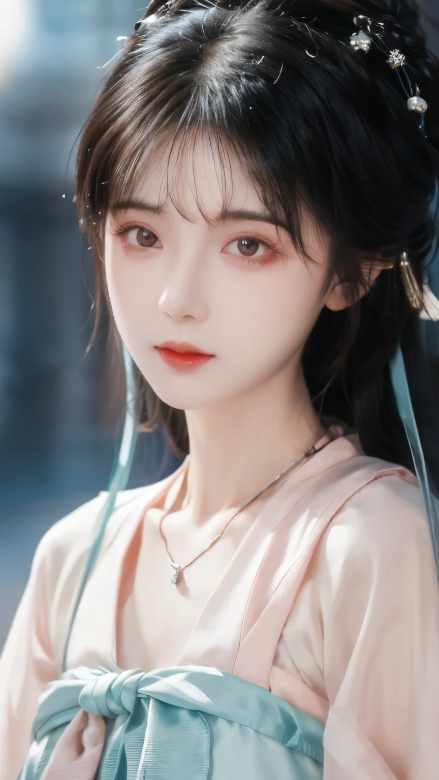 has the best quality, masterpiece, High Aims, 1 girl, beautiful blue hanfu, Hair ornaments, necklace, ornament, pretty face, When the body, Tyndell effect, Realistic portrait, Dark Studio , Edge lighting, Bicolor Light , (very delicate skin:1.2), 8,000 uhd, digital SLR camera, Soft Light, high quality, Volumetric Lighting, Honest, photo, high resolution, 4K, 8,000, Bokeh, dark hair,PINK HAIR TIPS, Pink Eyes.