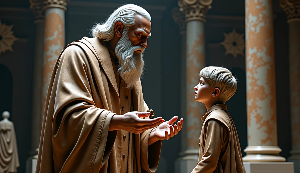 Samuel, an elder, com vestes longas e com uma barba grisalha ergue-se majestosamente, holding a horn with oil. His wise and compassionate gaze is fixed on David, um jovem e corajoso pastor. Com gestos solenes, he anoints David's head in the midst of his brothers.