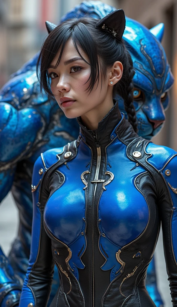 two women in costumes are standing in a room, as lady mechanika, static Prometheus frame, blue body paint, cyberpunk ornaments, Aztec Empress, cinematic details, guards, balcony scene, solarpunk, by Leon Wyczółkowski, sisters, Japanese cgi, Kazakh empress, character full body, showing 