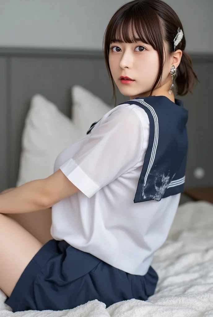 NSFW, ((Backwards)), ((Show me your ass)), (masterpiece, Highest quality:1.2), 8K, Young and beautiful girl, 85mm,Official AR RAW Photos, (Baby Face), ((Small face)), ((Big Breasts))、((Full nudity)), Detailed nipples, (((Lying on the bed))), Show me your ears、photo shoot, Cute face, Thighs, Embarrassing、smile、 makeup, Film Grain, chromatic aberration, Sharp focus, Face Light, Bright lighting, 10 generations, Detailed face, Background blur、((((((14 year old high school girl))))))、Narrow waist, Sailor suit、Dark blue mini skirt、White tiny panties, Sleeping on the bed, Detailed pubic hair, (Sensual look), (Seductive pose)