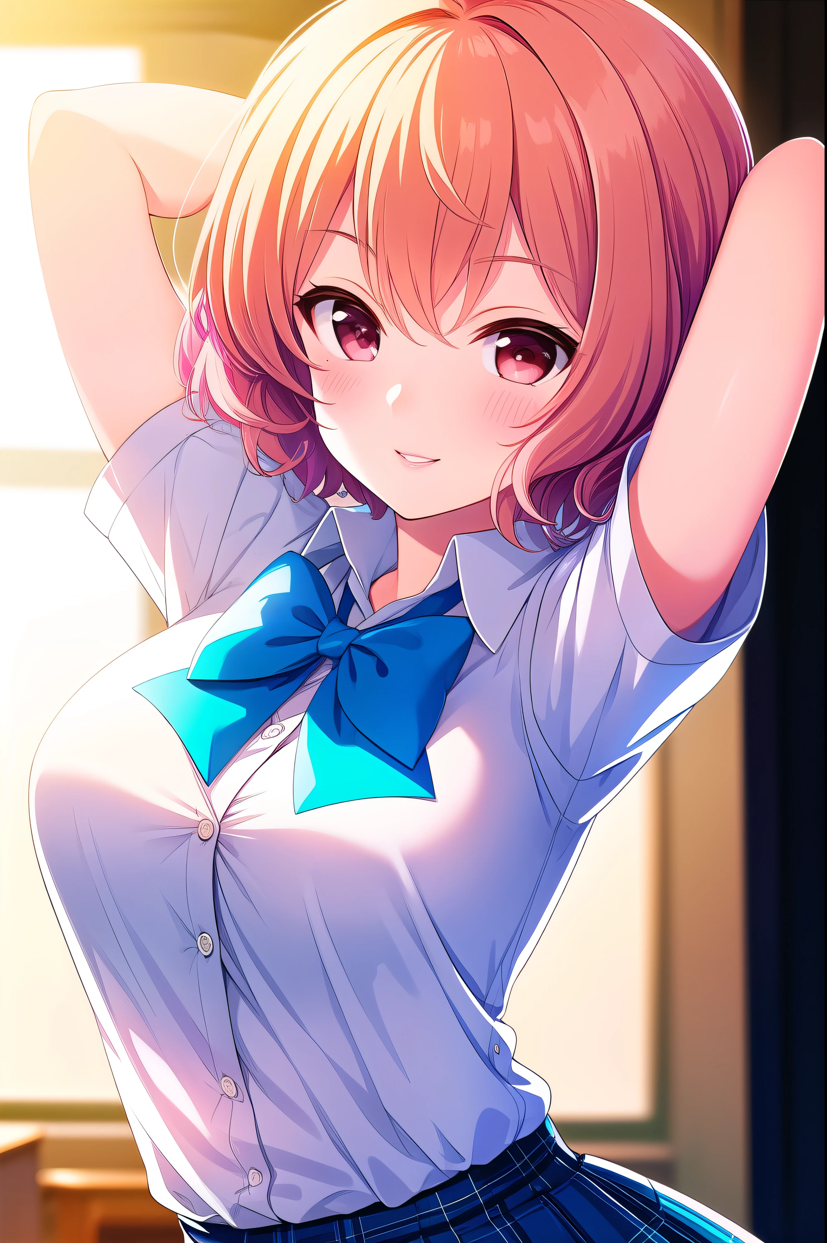 ( masterpiece, Best Quality), very detailed background, perfect lightingBest Quality, (upper body close-up angle:1.6), (arms behind head:1.6), Tomura Michiru, Alone, indoors, SCHOOL CLASSROOM, orange hair, (One side up), ( pink hair bobble), hair between eyes, short hair, Red Eyes, medium boobs, (Blue Bowtie:1.3), white shirt, Short sleeve, blue skirt, plaid skirt、white thin thighs,、white knee socks, Glossy、 school uniform, laugh、blush, pink lips,