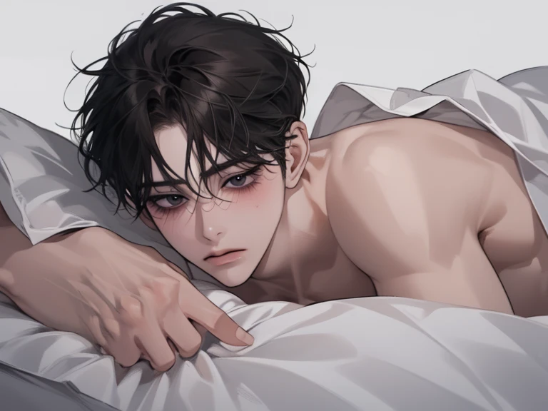 Score_9, score_8, score_7, a human male, brown shaggy hair, hair covering his eyes, clenching his teeth, looking worried, anime sweat symbol on his head, portrait, close up, naked, front view, lying on his back