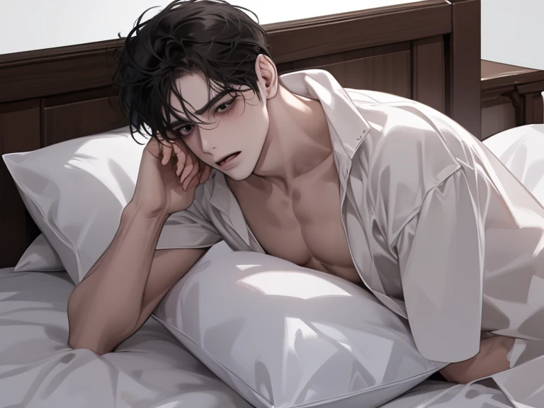 , score_9,score_8_up,score_7_up, source_cartoon, source_anime, a tall slender white male, adult male, tired expression, square face, handsome, jaw line, brown eyes, square nose, eyes half open, bags under his eyes, short dark brown hair slicked back, wearing white baggy button up shirt, shirt unbuttoned, toned body, slender, lying on a bed, wearing black boxers, hand on his head, tired, loose tie around his neck, indoors, in a messy apartment  
