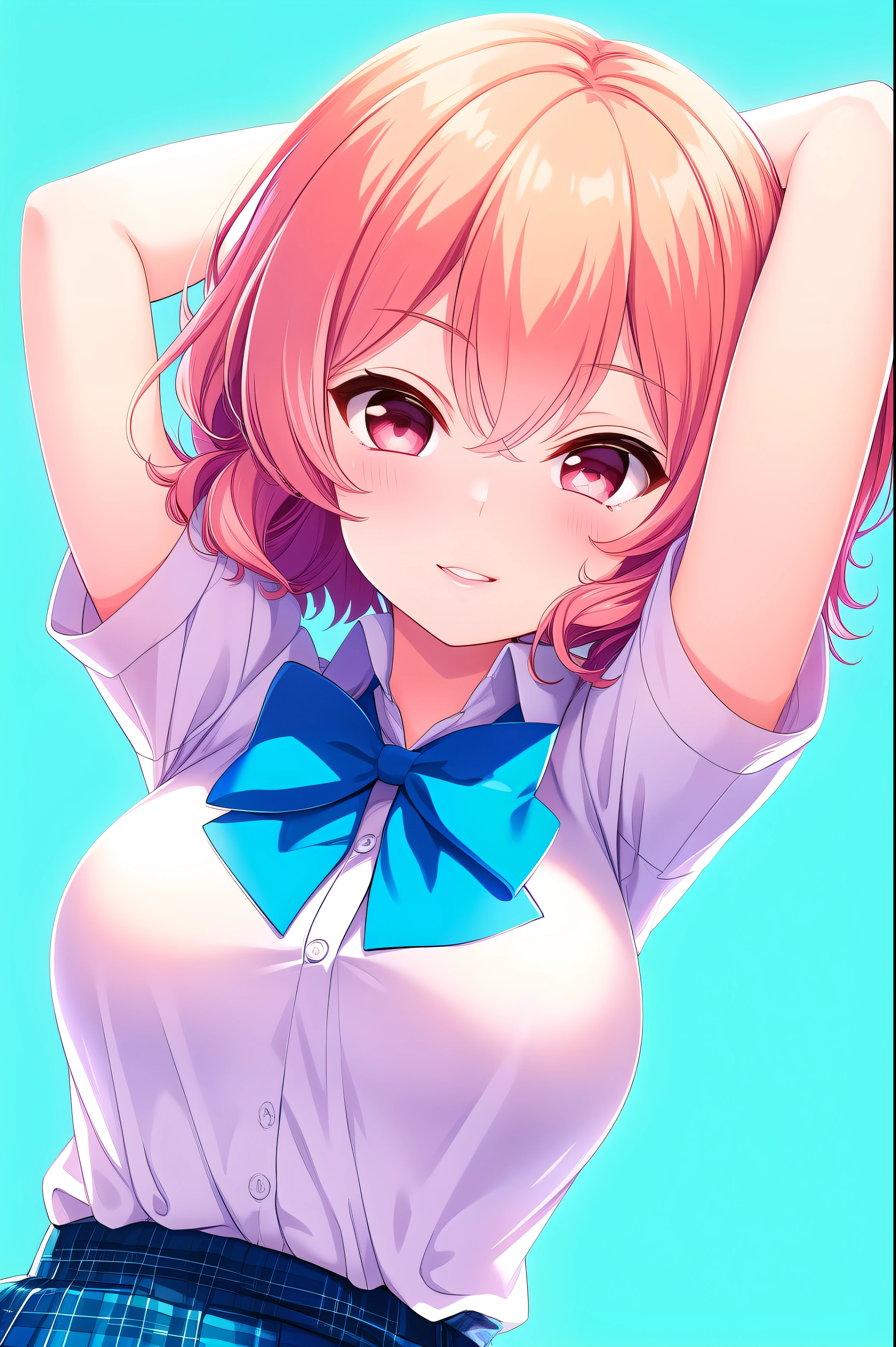 ( masterpiece, Best Quality), very detailed background, perfect lightingBest Quality, (upper body close-up angle:1.7), (arms behind head:1.6), Tomura Michiru, Alone, indoors, SCHOOL CLASSROOM, orange hair, (One side up), ( pink hair bobble), hair between eyes, short hair, Red Eyes, medium boobs, (Blue Bowtie:1.3), white shirt, Short sleeve, blue skirt, plaid skirt、white thin thighs,、white knee socks, Glossy、 school uniform, laugh、blush, pink lips,