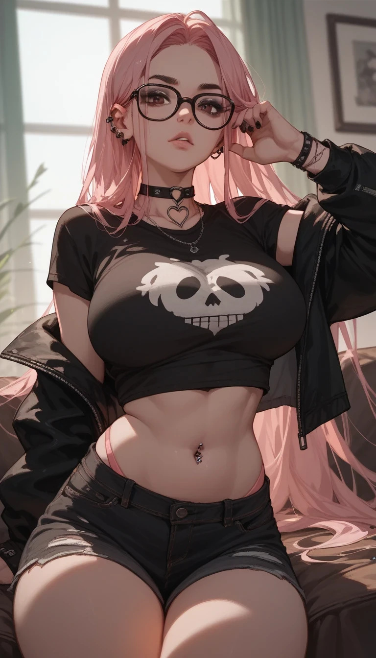 Curvy, glasses, sexy, large breasts, light pink long hair, BROWN EYES, emo style
