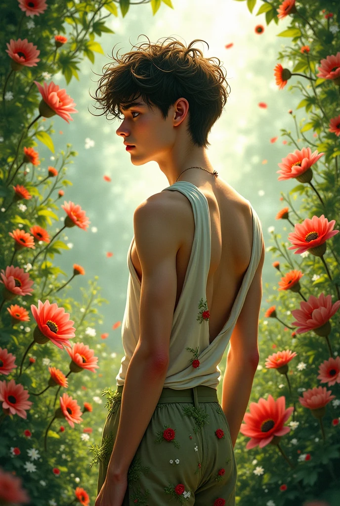A red-haired teenage boy with natural powers, controlling plants and flowers, the boy has a pretty face and big buttocks