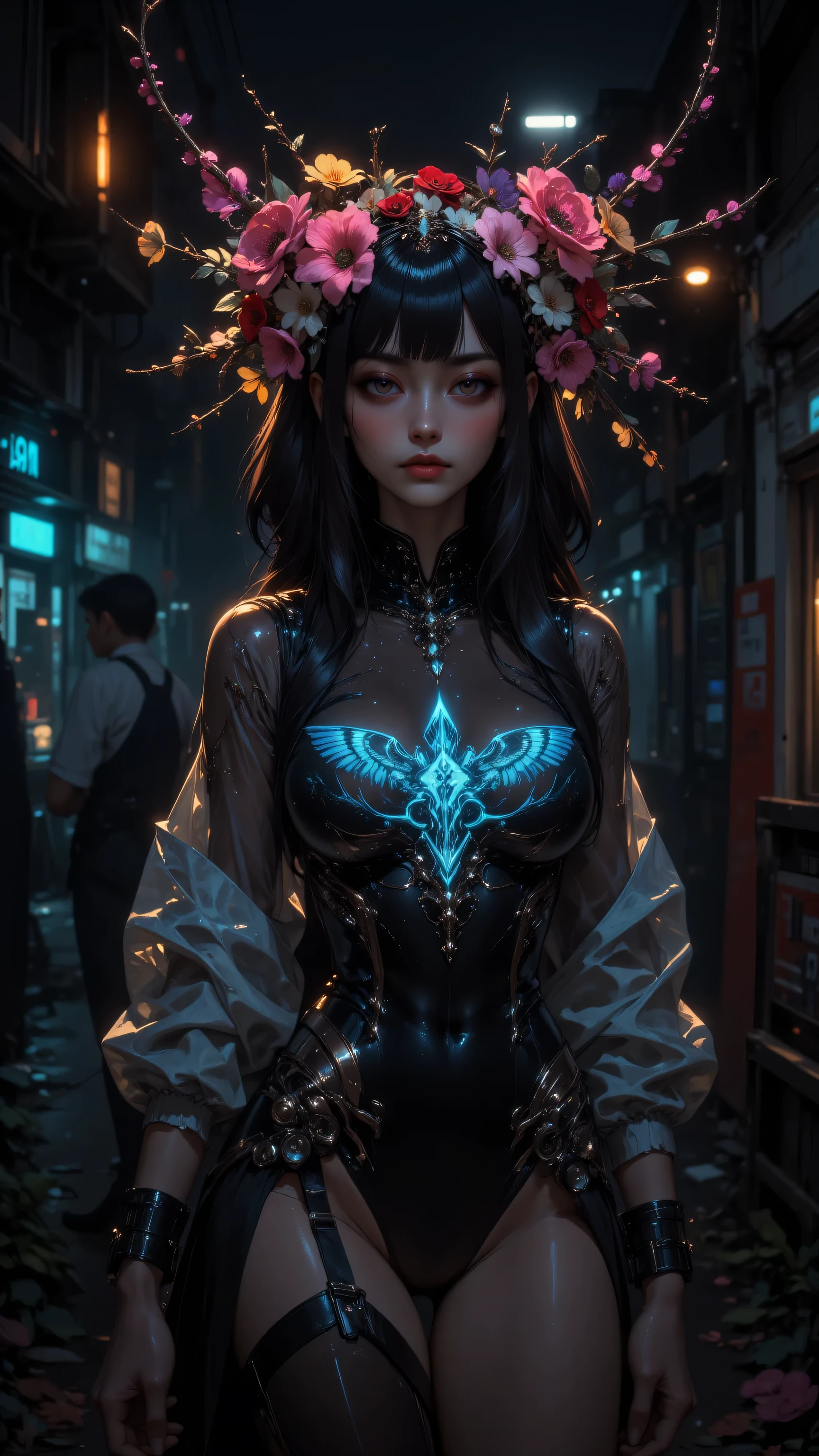 8k, Masterpiece, Top Quality, Close-up, frontal, dark hair, floral crown, pink, red, yellow flowers, sheer bodysuit, black, long sleeves, light-blue design, form-fitting, dramatic background, warm lights, blurry, nighttime, artistic, sophisticated, futuristic.
