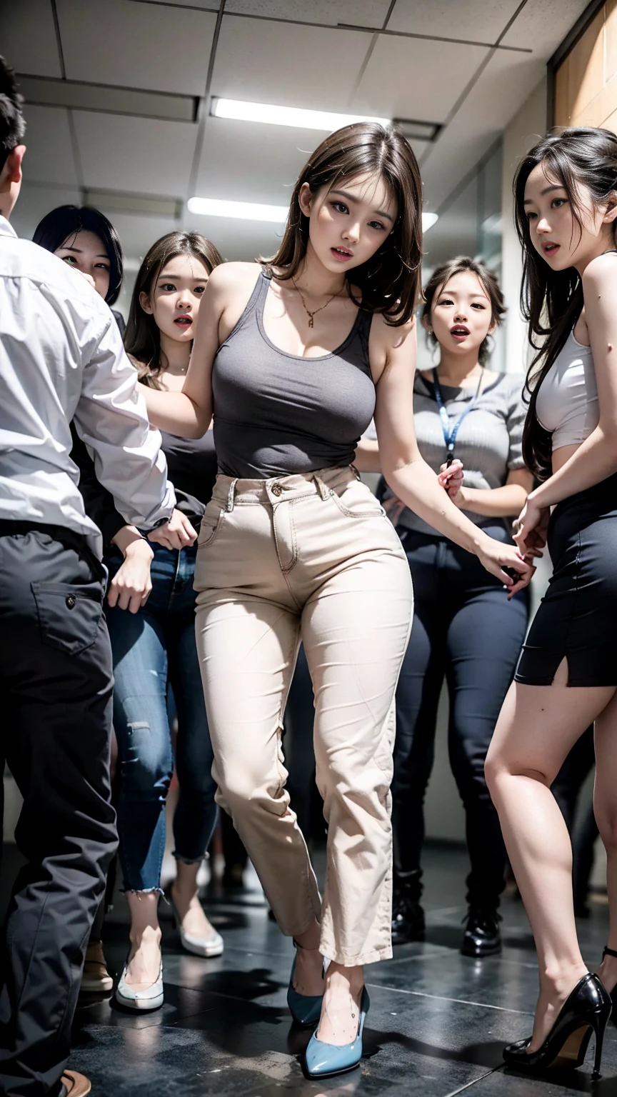 (harassment:1.8) Japanese woman, very big breasts, Large breasts, (White short-sleeved shirt,Dark blue collar tape,short pleated skirt, Dark brown hair to the shoulders,hits,ear),chest grip, on the train, Grab your butt, Several men around her grab her breasts., chest grip, multiple hands, masterpiece, of the highest quality, Very detailed, harassment, crowd of men, Crowd of surfers, very realistic face, very realistic eyes, crowd of men around her, The person grabbing her body, I pressed my chest, harassment, masterpiece, of the highest quality, Very detailed, 1 girl, multiple hands, Grab your butt with the crazy crowd, chest grip, The men around her, Squeezed body, Many people grab their chest., Being hit, put on clothes, Very wet and sweaty, Grab the clothes, (There are no women in the crowd.), Man with a tie