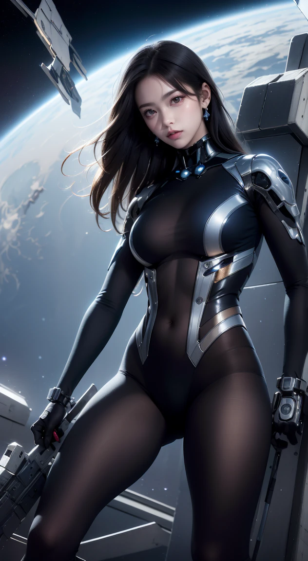 One Beautiful Woman。Detailed depiction of the face。Masterpiece。Beautiful double eyes。Passed nasal muscle。Plump and thick lips。Beautiful egg-shaped facial contours。Her black hair is neatly aligned at her forehead.。She fits snugly to the body、Like a wetsuit、Wearing a metallic combat suit。She is standing in a spaceship。8K image quality。