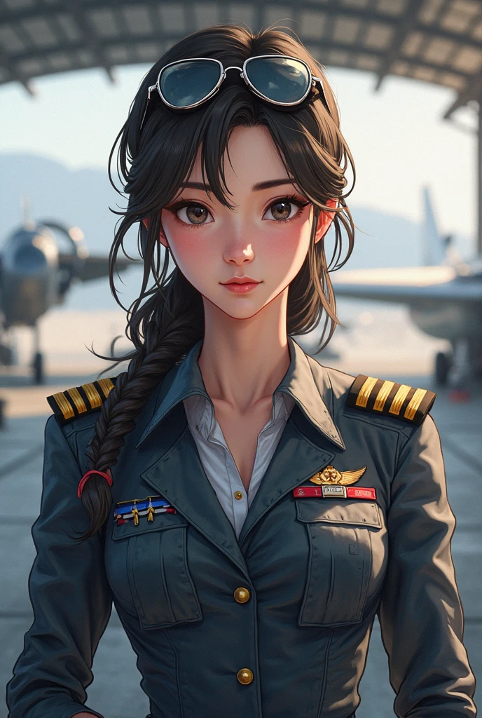 Modest outfit, remote shot, detailed beautiful delicate face, detailed beautiful delicate eyes, perfect facial proportions, high-definition skin, fine skin, four-inch best ratio. With one thumb, a masterpiece, highly detailed, realistic, (World War II German general uniform reference : 1.8), the highest face resolution, adult, modestly dressed woman, dressed entirely, ( small, black hair, black straight bangs, super fine braids, straight bangs, red glasses, dark green eyes), future, science fiction, fighter plane, standing On the landing of a fighter plane, the government agency, a deep intelligent personality, a calm expression, a respectful face, a war, a fighter plane