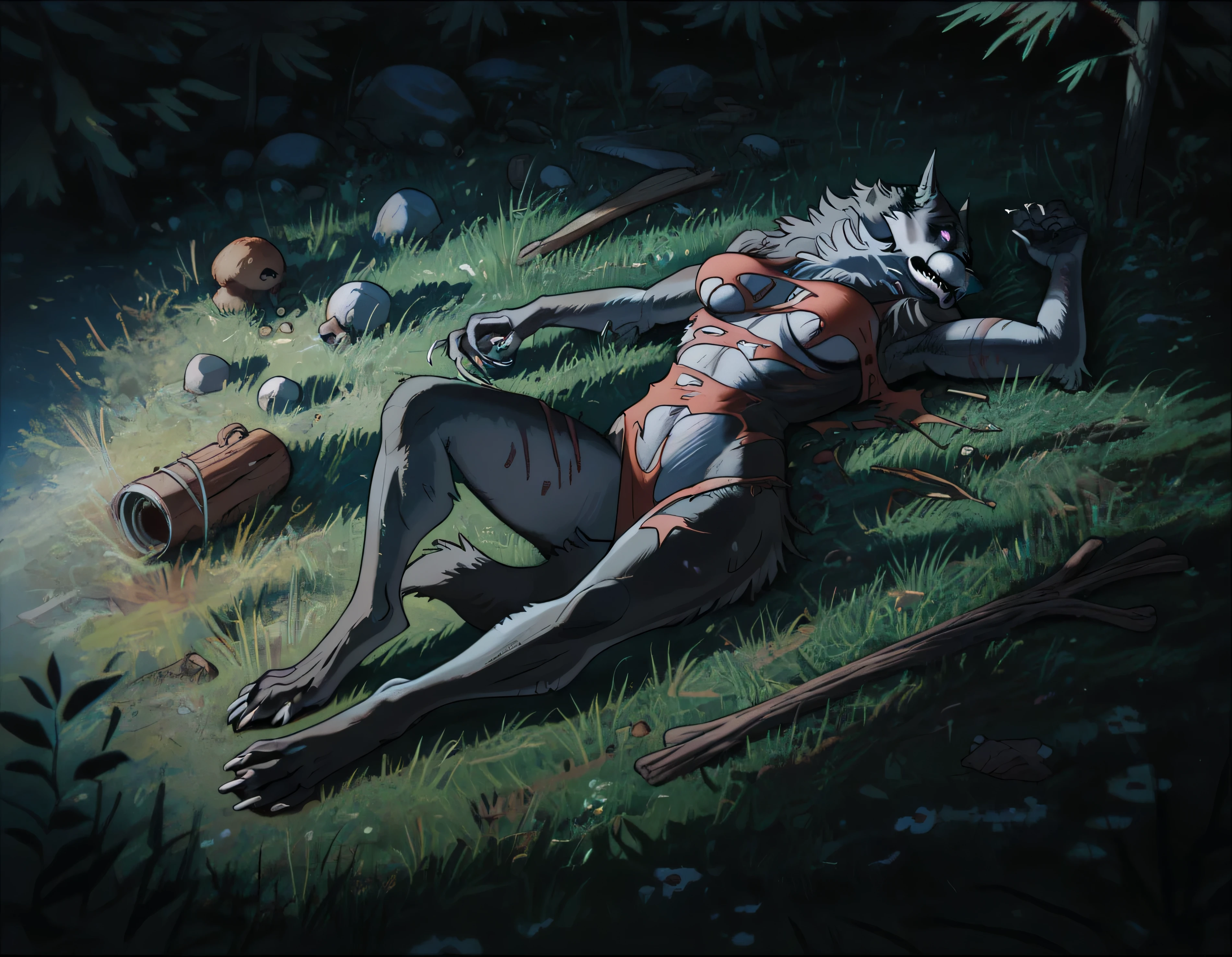 score_9, score_8_up, score_7_up, score_6_up, source_furry, high quality, detailed shading, woodland, night sky,
anthro, raha, werewolf, female, grey body, black body, glowing eyes, purple eyes, thick mane, lean, muscular legs, claws, ripped cloths, full body, laying down on back dead, dead body, defeated, peaceful death, eyes closed, 
