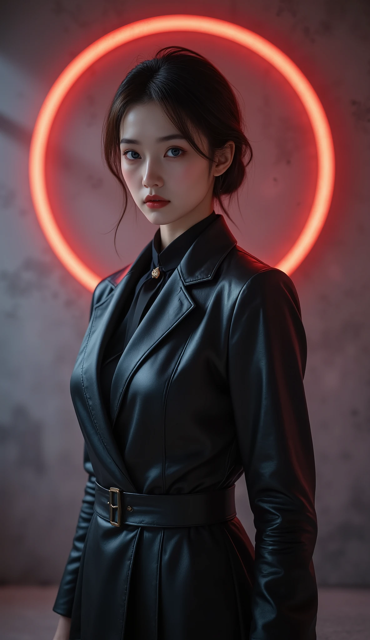 Score_9, Score_8_up, Score_7_up, Score_6_up, Dark Theme ,Sinocic style,
(Round Red Fluorescent Glow Effects Background:1.5)( lighting magic department :1.6),(gravure print_posture, high contrast,Anime coloring , grey background,Red coloring :1.5),Leather jacket,leather collar,( 1 gracefully dressed aristocrat girl),1 Girl,(Depth Perspective:1.4),(full body shot),(Side 45° viewing angle:1.4),(blue eyes(/organ/):1.2),