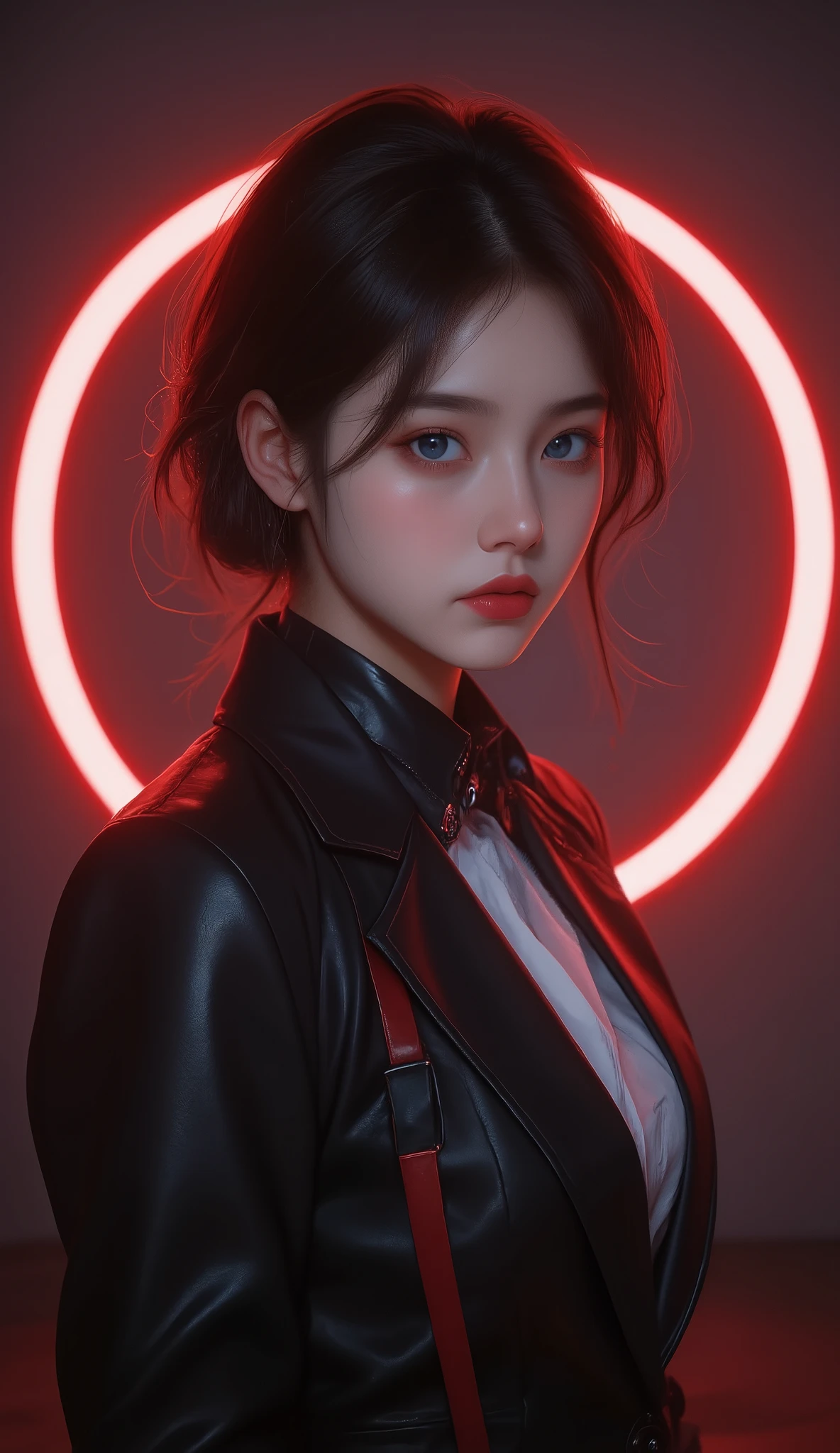 Score_9, Score_8_up, Score_7_up, Score_6_up, Dark Theme ,Sinocic style,
(Round Red Fluorescent Glow Effects Background:1.5)( lighting magic department :1.6),(gravure print_posture, high contrast,Anime coloring , grey background,Red coloring :1.5),Leather jacket,leather collar,( 1 gracefully dressed aristocrat girl),1 Girl,(Depth Perspective:1.4),(full body shot),(Side 45° viewing angle:1.4),(blue eyes(/organ/):1.2),