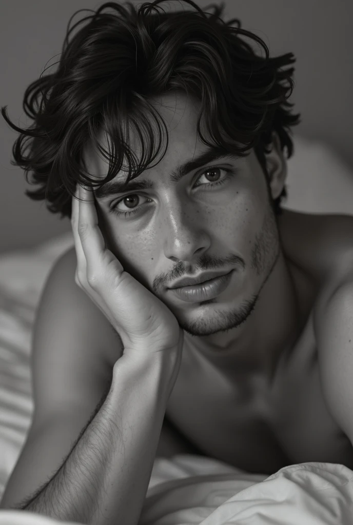 Cute male in a submissive position, laying on a bed, only wearing tight lingerie, blushing, legs spread, moaning